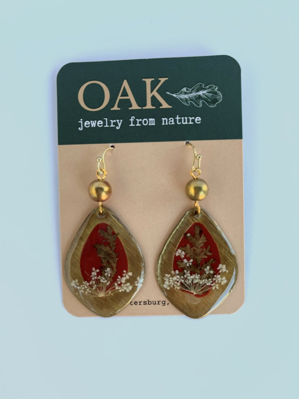 Metal Teardrop Red Background Queen Anne's Lace with Fern with Gold Bead Earrings