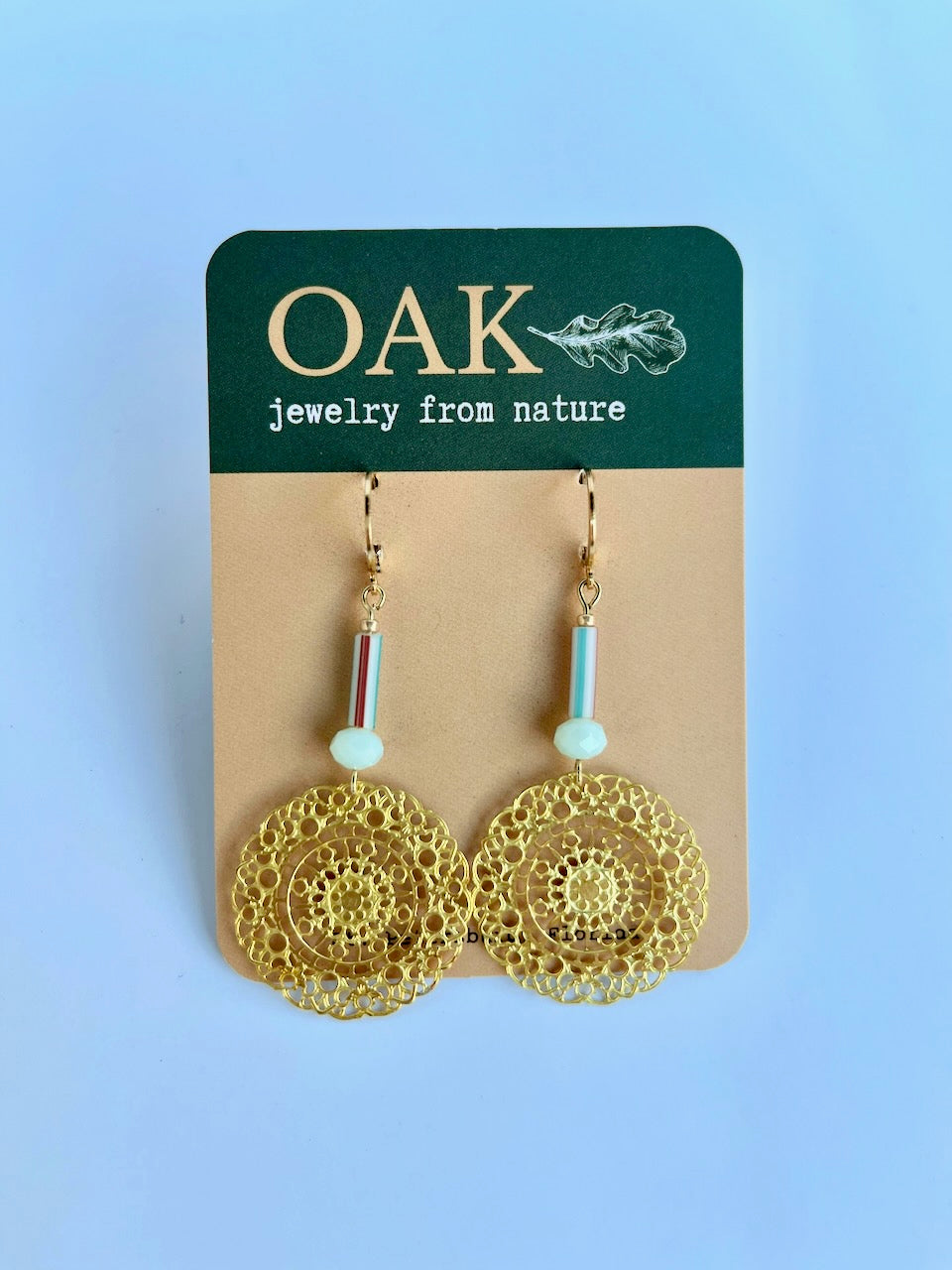 Gold Mandala with Glass Striped Bead Earrings